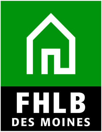 Logo: white house outline on green background with 'FHLB DES MOINES' in white on a black band below.